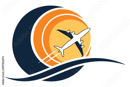 Airplane Takeoff Silhouette With Abstract Sunset and Trails, Air Travel Icon Illustration, Flight Adventure, Travel Destinations