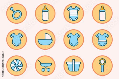 High resolution baby product icons set pacifier baby bottle and rattle graphics