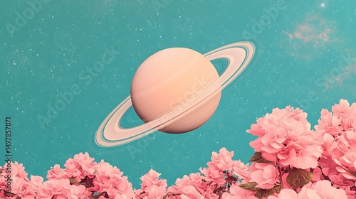 Planet and pink flowers in the sky