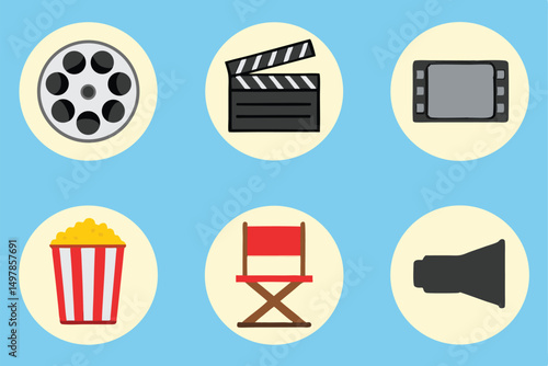 Twelve cinema and movie icons design set featuring film roll clapperboard and ticket icons
