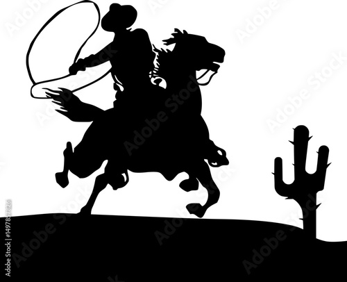 Cowboy in the Desert: A rugged cowboy silhouetted against a bright backdrop, expertly ropes his lasso while astride a galloping horse in the vast desert wilderness.