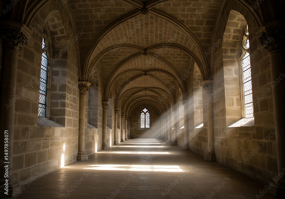 Fototapeta premium Hallway with arches and light streaming through windows