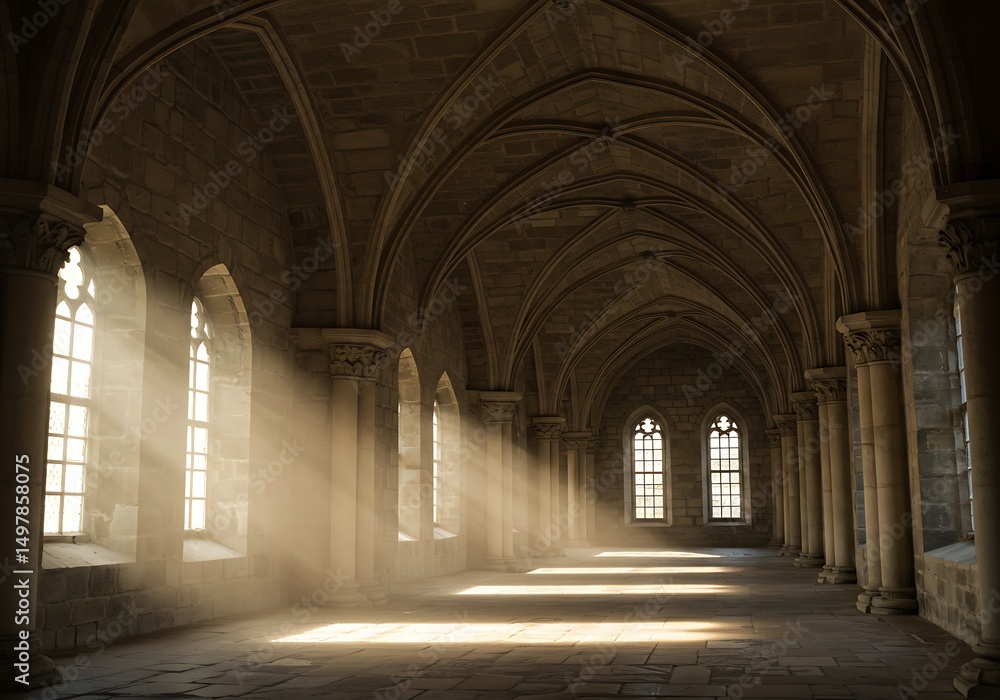 Obraz premium Light streams through gothic windows in old hall