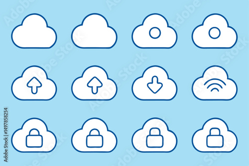 Twelve cloud computing service icons featuring cloud upload and download symbols