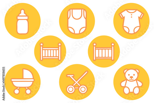 Twelve baby care icons set featuring bottle pacifier and other essential baby items