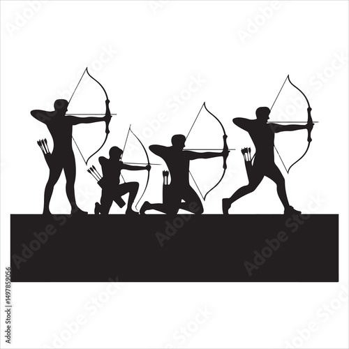 Black Silhouette Archer Set in Various Poses Vector Style on White Background