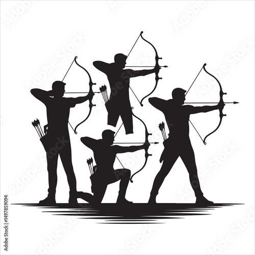 Black Silhouette Archer Set in Various Poses Vector Style on White Background