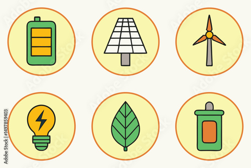Twelve clean energy icons vector graphics set featuring lightning bolt designs