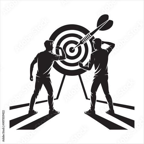 Black Silhouette Vector Set of People Playing Darts with Dartboard and Bullseye