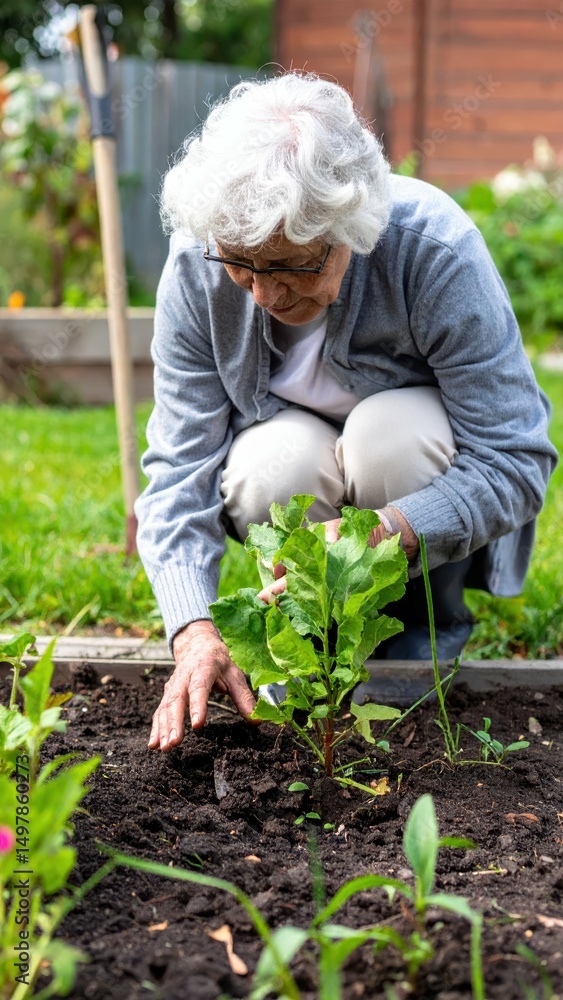 Elderly Individual Caring for Plants in Tranquil Garden Setting Elderly Individual Caring for Plants in Tranquil Garden Setting