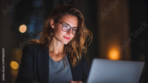 Stylish Female Executive Working on Laptop in Evening Office Light