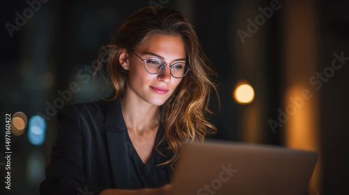 Woman in Glasses Typing on Laptop in Dimly Lit Office Environment