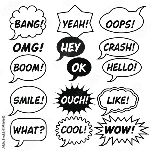 Collection of Comic Style Speech Bubbles with Expressions for Cartoons and Graphic Novels.