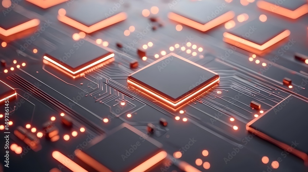 Fototapeta premium Futuristic digital circuit board with glowing red lights