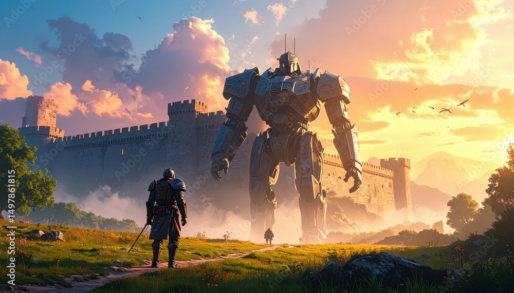 Fototapeta premium Majestic Armored Colossus Walking Toward Ancient Fortress at Sunset