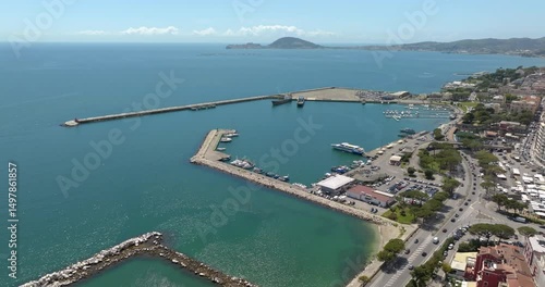 Aerial view of the port of the city of Formia, in the province of Latina, Lazio, Italy. This harbour overlooks the Mediterranean Sea. In the background is the panorama of the Lazio coast.