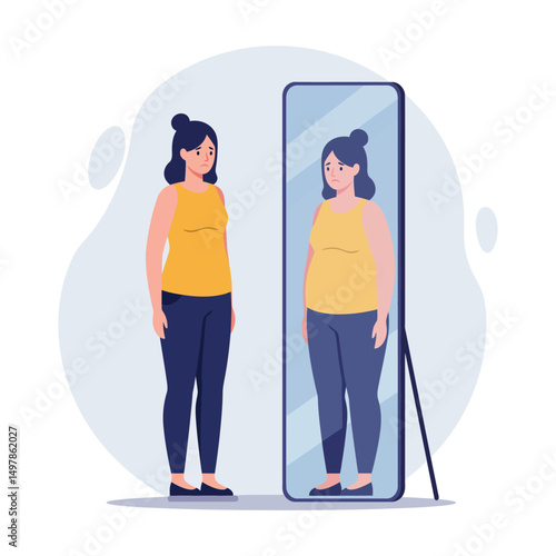 Woman with body image issues looking in mirror, low self-esteem