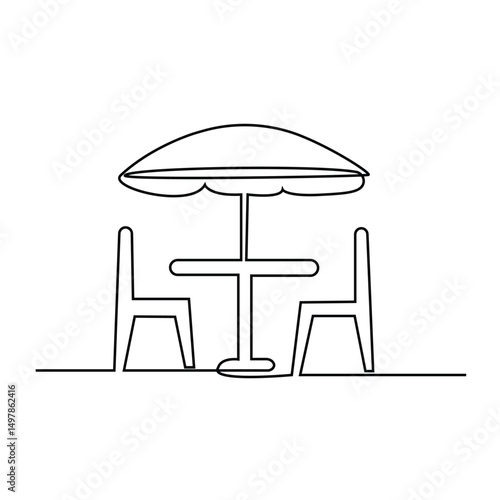 Outdoor Table and Umbrella single line art vector illustration.