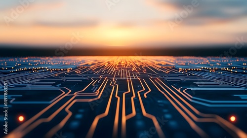 Abstract circuit board landscape at sunset
