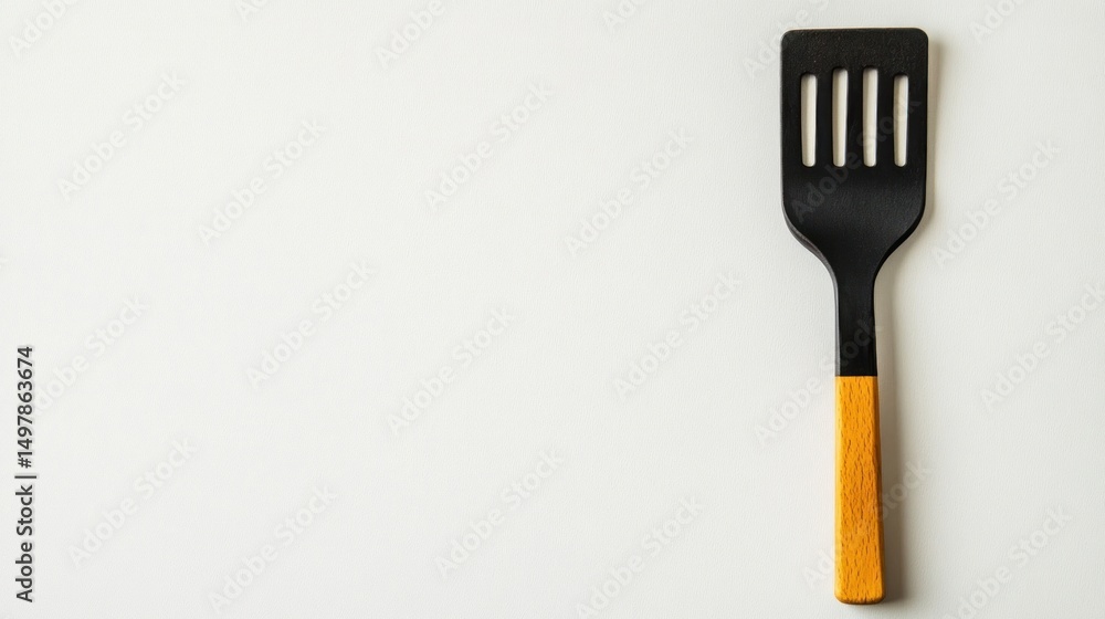 Black kitchen spatula with wooden handle on a clean white background for culinary purposes and food preparation Black kitchen spatula with wooden handle on a clean white background for culinary purposes and food preparation