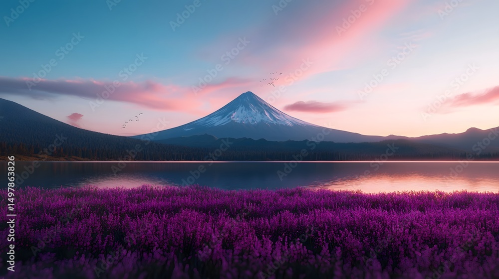 Obraz premium Majestic mountain and serene lake at sunset