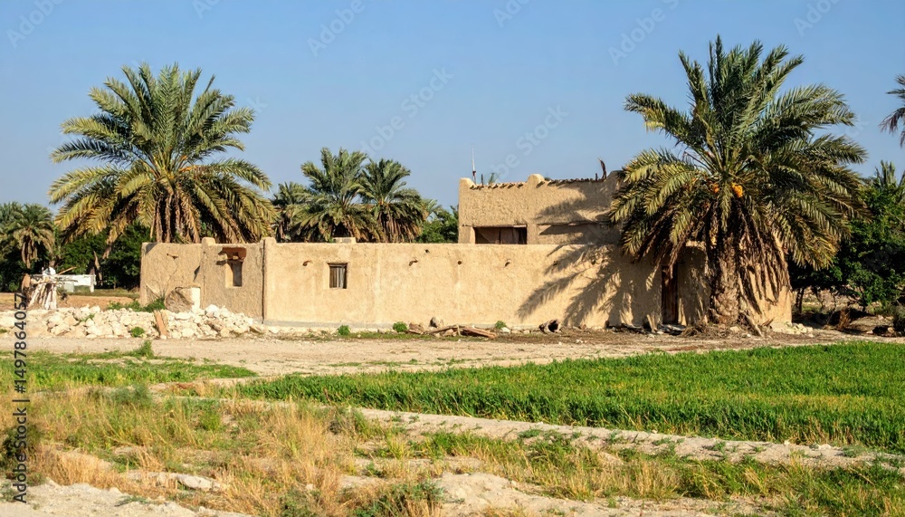 Scenic Bahraini Date Palm Farmhouse Surrounded by Green Fields Scenic Bahraini Date Palm Farmhouse Surrounded by Green Fields