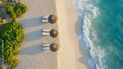 Aerial View Three Beach Loungers, Umbrellas, Ocean Waves, Tropical Beach, Top-Down Composition, Summer Vacation, Holiday