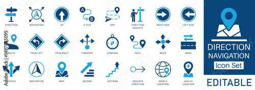 Location icon set. Containing map, map pin, gps, destination, directions, distance, place, and address icons. solid vector icon for travel apps, navigation systems, and location based services.