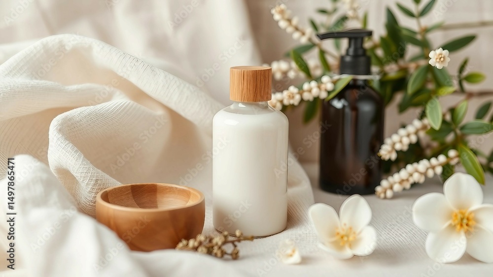 Hochwertige Naturkosmetik in braunen Glasflaschen auf beigem Leinentuch – stilvolles, natürliches Wellness-Design ohne Text. Hochwertige Naturkosmetik in braunen Glasflaschen auf beigem Leinentuch – stilvolles, natürliches Wellness-Design ohne Text.