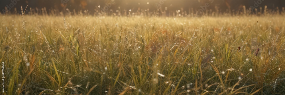 Fototapeta premium Soft light bathes abstract autumn meadow, dew-kissed grasses glow , grass, background, blur