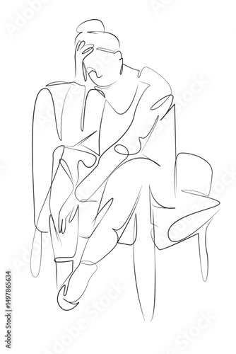 One continuous single drawing line art flat doodle chair, contemplation, sitting, female, lifestyle, sadness. Isolated image hand draw contour on a white background, hand drawn, not AI