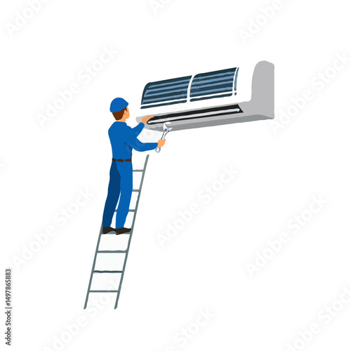  Technician repairman fixing air conditioner spare part using wrench on ladder, isolated on white background, vector art