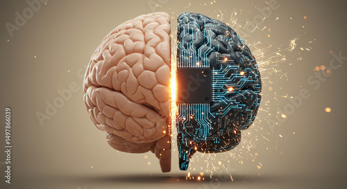 Human brain meets artificial intelligence, a concept showing the connection between organic thought and digital technology, sparks fly between the two halves, symbolizing innovation