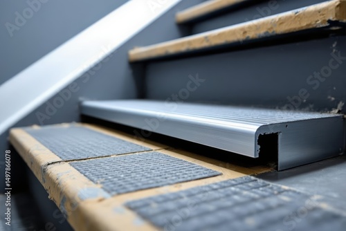 Stairs showcasing stair nosing replacement and renovation, with wooden steps and carpet tile treads. Concept of stair nosing replacement enhancing safety and aesthetics.