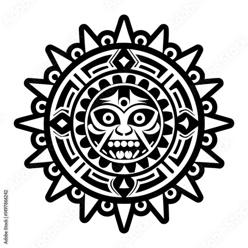 A solid icon depicting aztec calendar tattoo