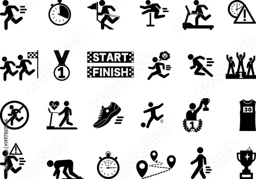 Black Running Icon Set. Vector Illustrations Race, Trophy, Sprint, Distance, Hurdles, Finish, Start, Running Shirt, Sneakers, Competition, Walking, Winner, and More