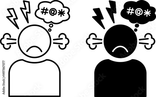 Anger Icons. Black and White Vector Illustration. Discontent, Indignation, or Outrage. Mental Health Concept