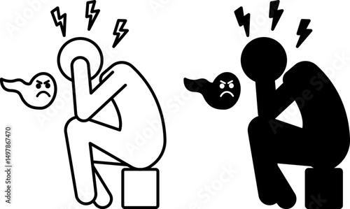 Psychosis Icons. Black and White Vector Illustration. Mental Disorder, Hallucinations, Irritability, and Fear. Mental Health Concept