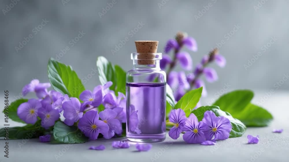 Glass bottle with essential oil next to fresh flowers, beauty treatment, holistic medicine Glass bottle with essential oil next to fresh flowers, beauty treatment, holistic medicine