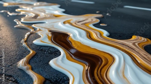 Oil or gasoline spill creating colorful patterns on the surface.