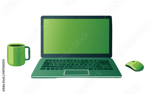 Lively Green Screen Laptop Open Vector Illustration