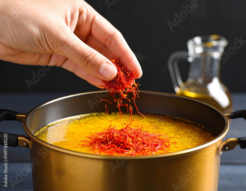 A pinch of saffron threads being added to a simmering pot of golden broth.