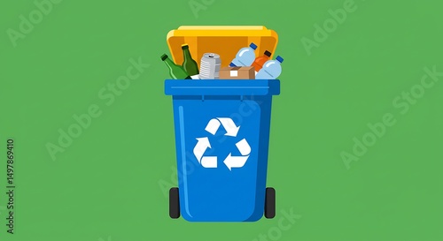 Sorting Recyclables in a Blue Bin with Bottles and Cans