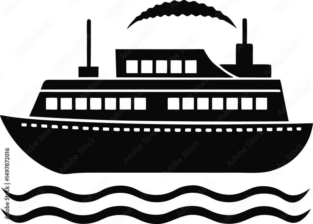 Obraz premium Black and white illustration of a ferry boat on water