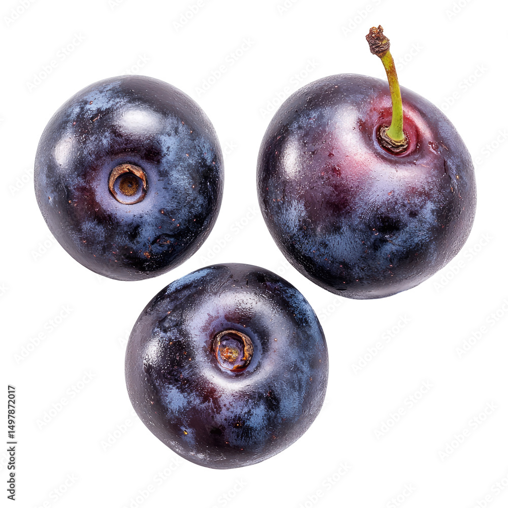 Obraz premium Three dark-purple, round berries, close-up view