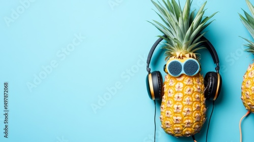 Pineapple with Headphones and Sunglasses Summer Music Concept, tropical fruit, summer vibes Summer, Music