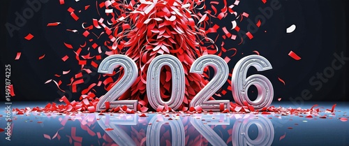 Happy New Year 2026 Scene: Vibrant Red Confetti and Festive Atmosphere. A 3D rendering of the numbers '2026' surrounded by red confetti.