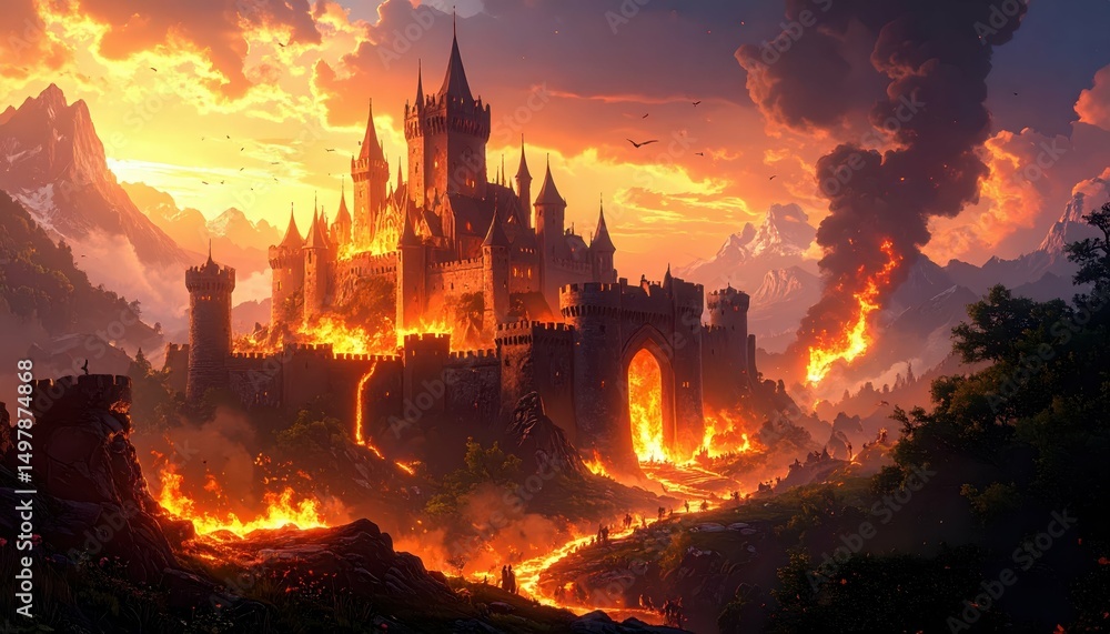 Obraz premium Epic Fantasy Castle Under Siege with Dramatic Fire and Crumbling Walls