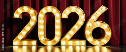 Vibrant Red Curtain and Golden Marquee Celebrate Happy New Year 2026. A golden marquee sign with the number 2016 against a red curtain.