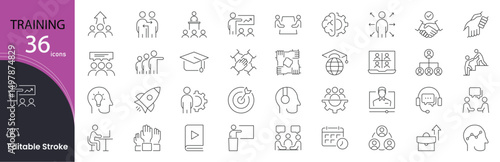 Training related icons set. Including education, workshop, seminar, coach, learning, skills, development, presentation, certificate, and progress. Editable stroke. outline icons.